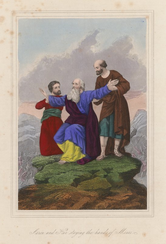 Aron og Hur holder Moses i hånden (koloreret gravering) af English School