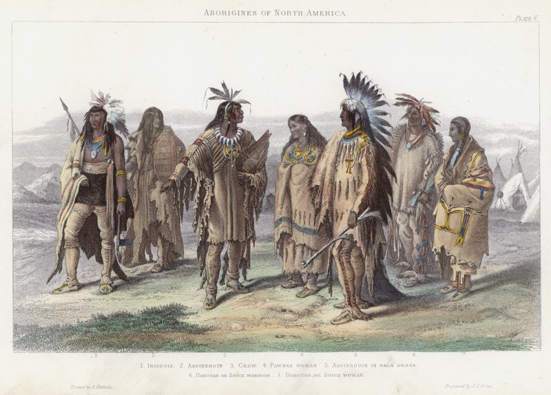 Aborigines i Nordamerika (farvet gravering) af English School