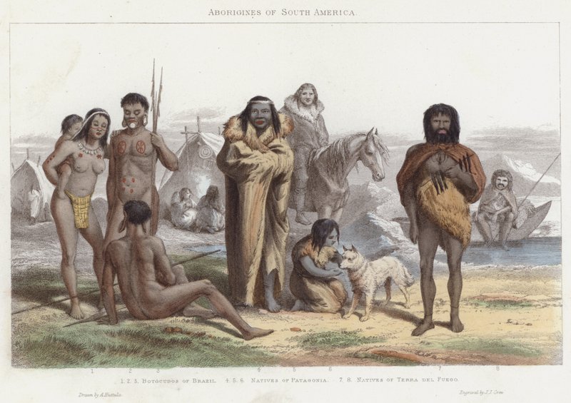 Aborigines i Sydamerika (farvet gravering) af English School