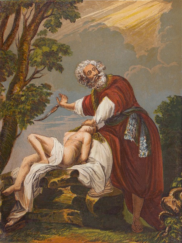 Abraham ofrer sin søn Isak (farvelitografi) af English School