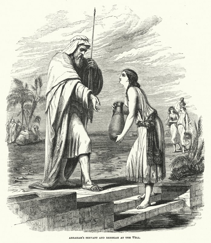 Abrahams tjener og Rebekka ved brønden (gravering) af English School