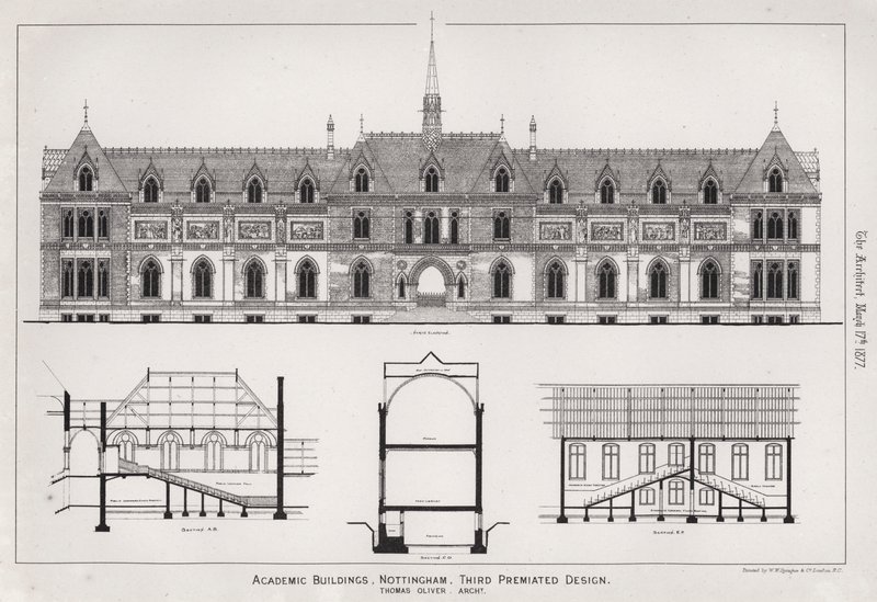 Akademiske bygninger, Nottingham, tredje præmierede design (gravering) af English School