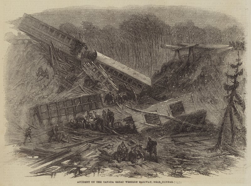 Ulykke på Canada Great Western Railway, nær Dundas (gravering) af English School