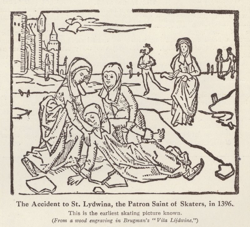 Uheld med St Lydwina, skytshelgen for skatere, i 1396 (litho) af English School