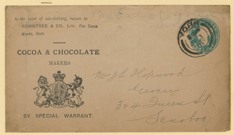 Adresselabel fra Rowntree & Co, The Cocoa Works, York af English School
