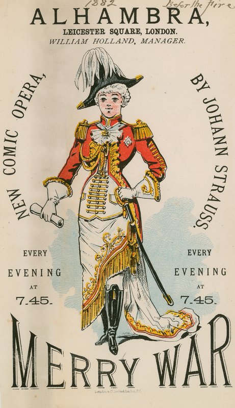 Annonce for Alhambra, Leicester Square, London, for Merry War, en ny komisk opera af Johann Strauss af English School