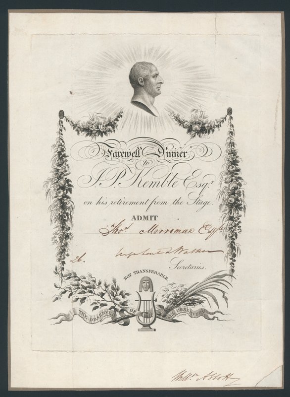 Adgangsbillet til middag for at fejre John Kembles farvel til scenen, 1819 af English School