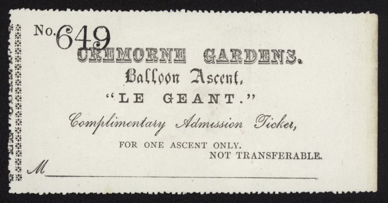 Adgangsbillet til bestigning af ballonen Le Geant fra Cremorne Gardens, London af English School