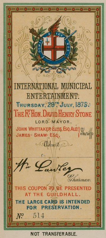 Adgangsbillet til International Municipal Entertainment i Guildhall, London, den 29. juli 1875 af English School