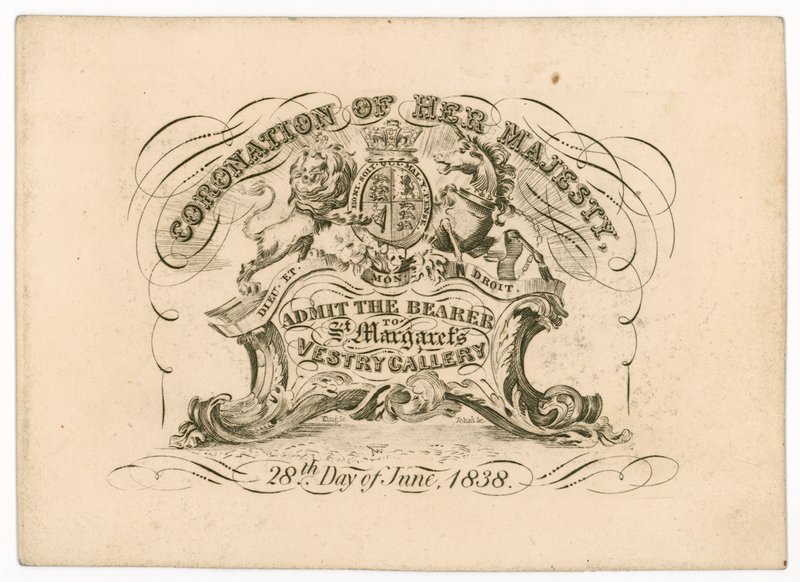 Adgangsbillet til St Margarets Vestry Gallery, til kroningen af dronning Victoria, 28. juni 1838, foran af English School