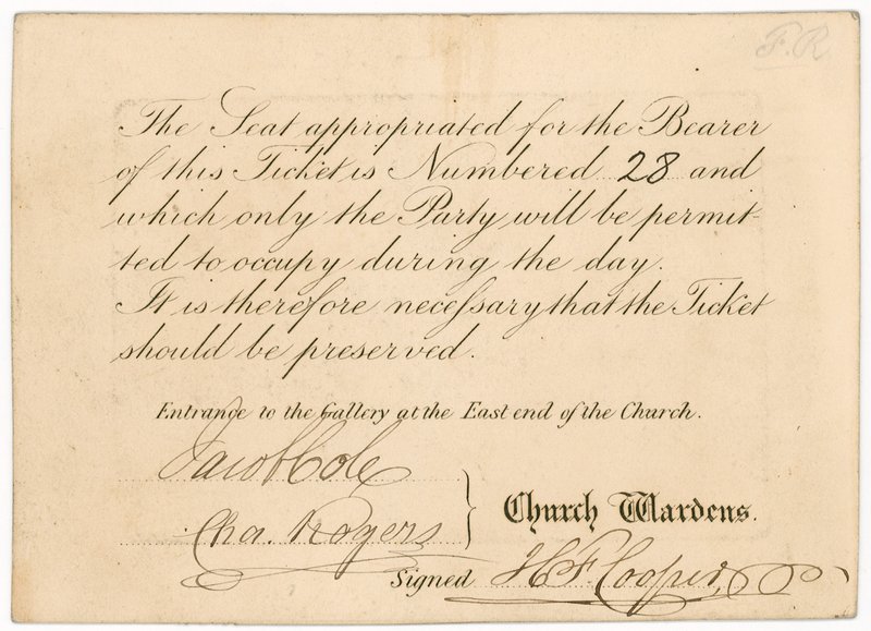 Adgangsbillet til St Margarets Vestry Gallery, til kroningen af dronning Victoria, 28. juni 1838, omvendt af English School