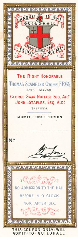 Adgangsbillet til en banket i Guildhall, London, den 9. november 1877 af English School