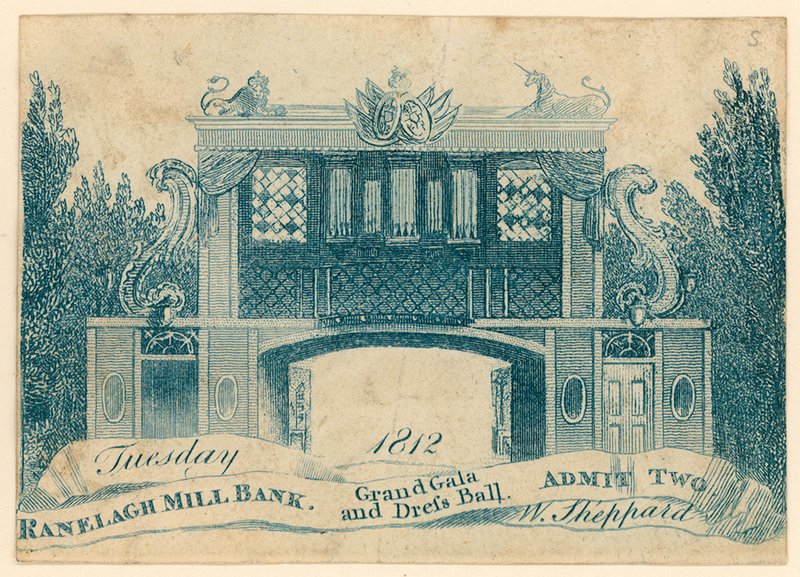 Adgangsbillet til en stor galla og dressball i Ranelagh Gardens, Millbank, London. 1812 af English School