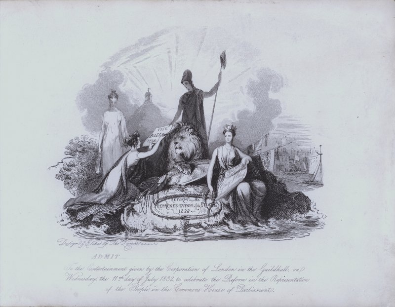 Adgangsbillet til underholdning i Guildhall leveret af Corporation of the City of London for at fejre vedtagelsen af Great Reform Act af 1832 af House of Commons (radering) af English School