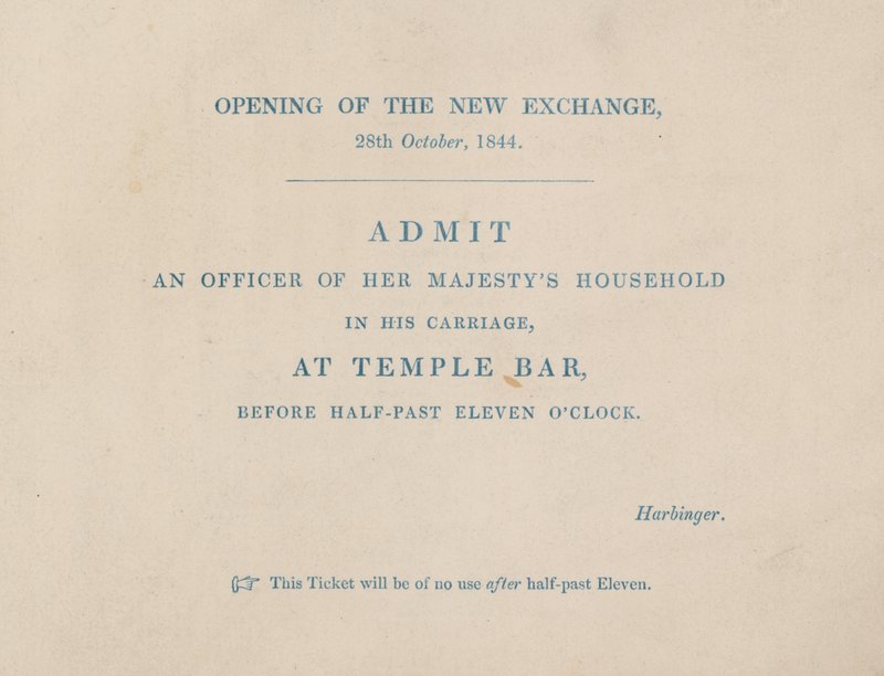 Adgangsbillet til åbningen af den nye Royal Exchange, London, den 29. oktober 1844 af English School