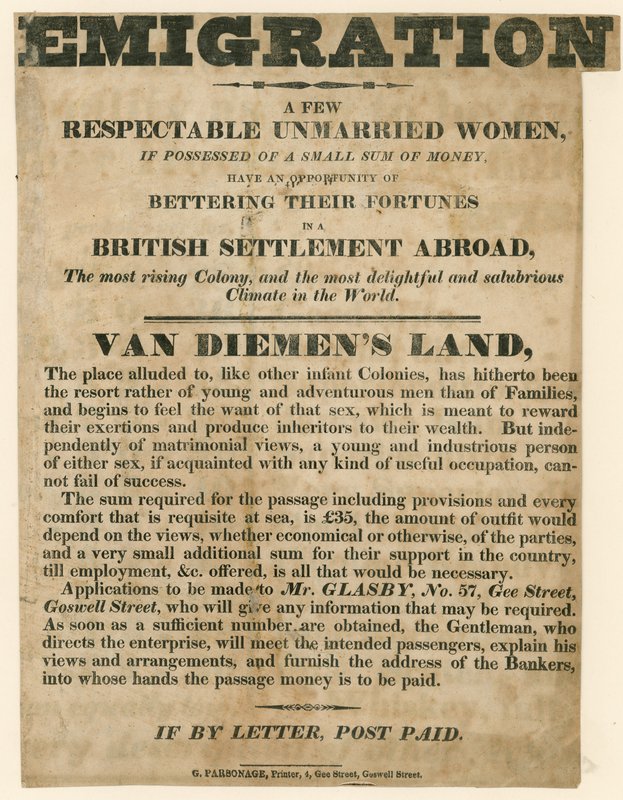 Annonce om udvandring af unge kvinder til Van Diemens Land af English School