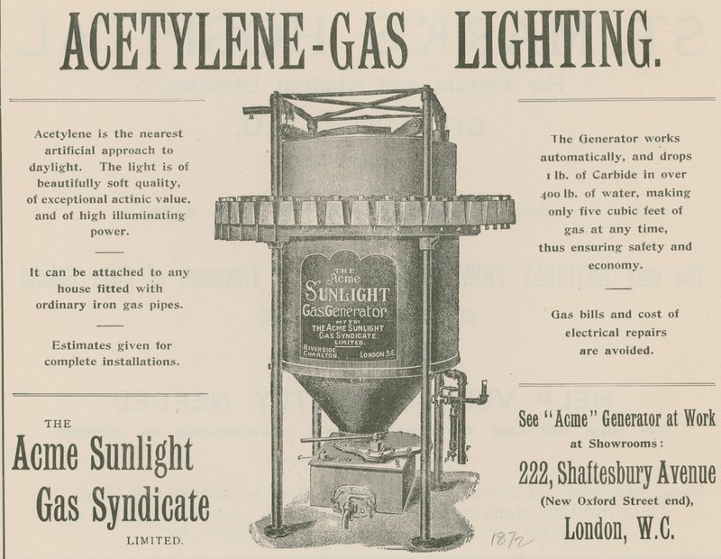 Annonce for acetylen-gas belysning af English School