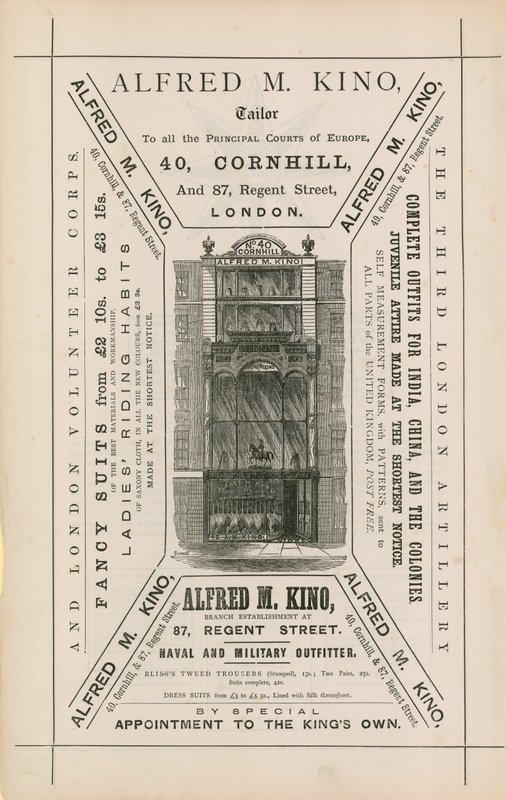 Annonce for Alfred M Kino, skrædder, 40 Cornhill og 87 Regent Street, London af English School