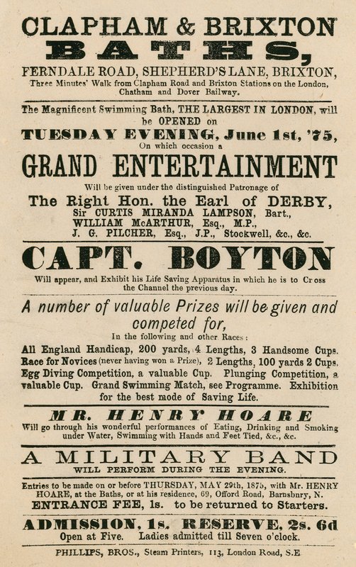 Annonce for Clapham og Brixton Baths, Ferndale Road, Shepherds Lane, Brixton, London; med kaptajn Boyton af English School
