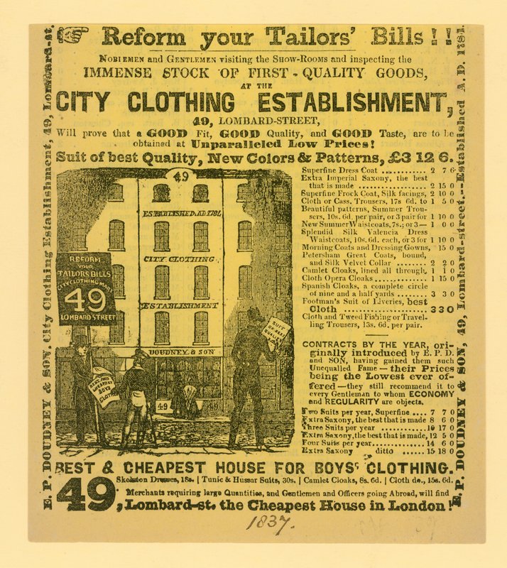 Annonce for Doudney & Son, City Clothing Establishment, 49 Lombard Street, London af English School