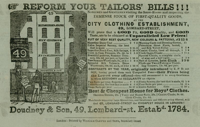 Annonce for Doudney & Son, City tøjvirksomhed, 49 Lombard Street, London af English School