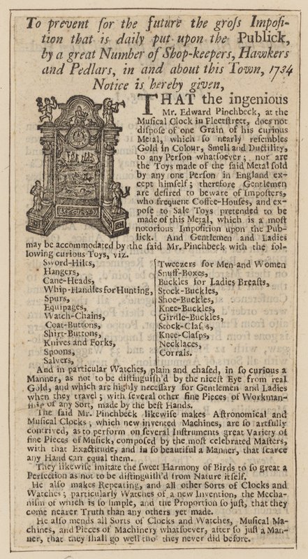 Annonce for Edward Pinchbeck, Musical Clock, Fleet Street, London, fra 1734 af English School