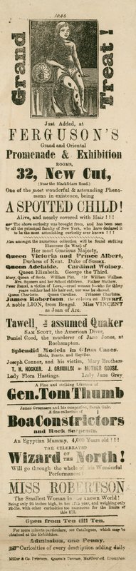 Annonce for Fergusons Grand and Oriental Promenade and Exhibition, 32 New Cut, Lambeth, London af English School