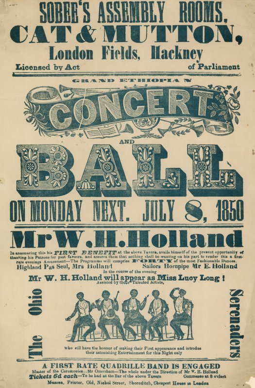 Annonce for Grand Ethiopian Concert and Ball, 8. juli 1850, i Sobees Assembly Rooms af English School