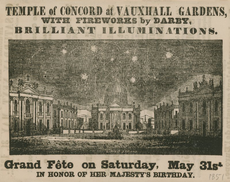 Annonce for Grand Fete i Temple of Concord, Vauxhall Gardens af English School