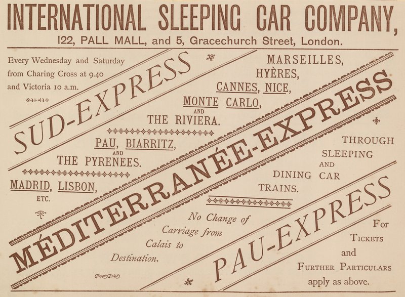 Annonce for International Sleeping Car Company, 122 Pall Mall og 5 Graceshurch Street, 1888 af English School
