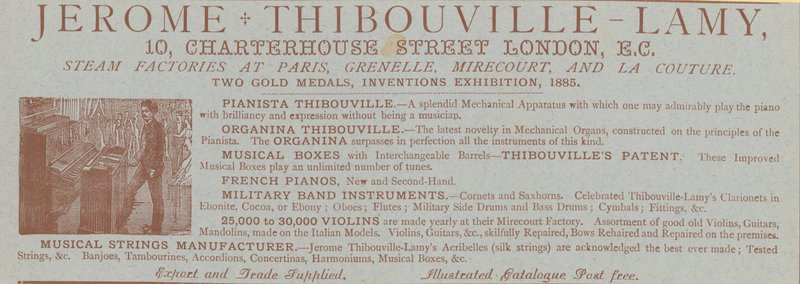 Annonce for Jerome Thibouville-Lamy, 10 Charterhouse Street, London, instrumentmager af English School