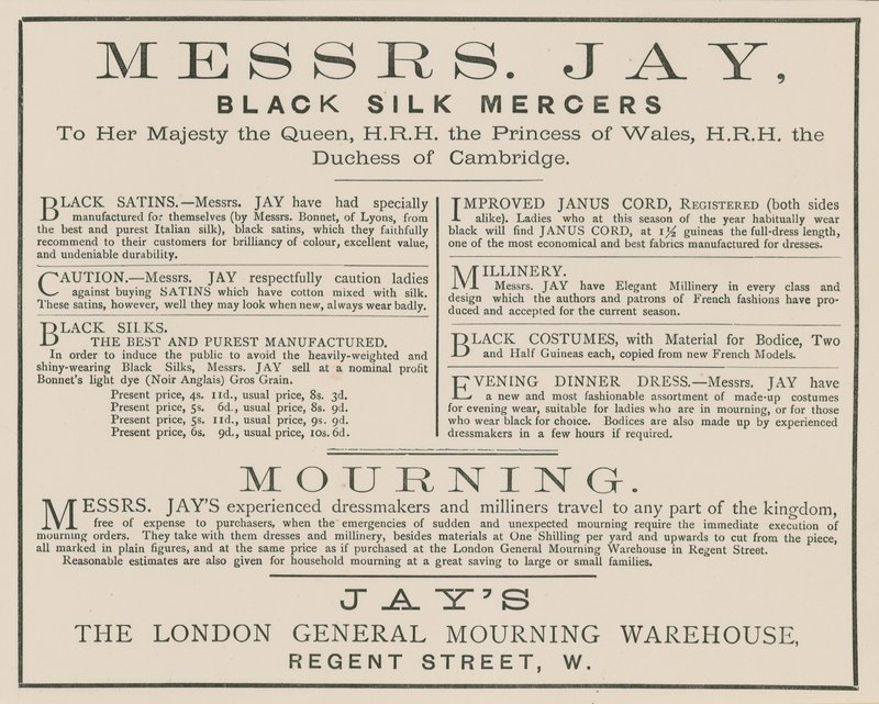 Annonce for Mrs Jay, London General Mourning Warehouse, Regent Street af English School