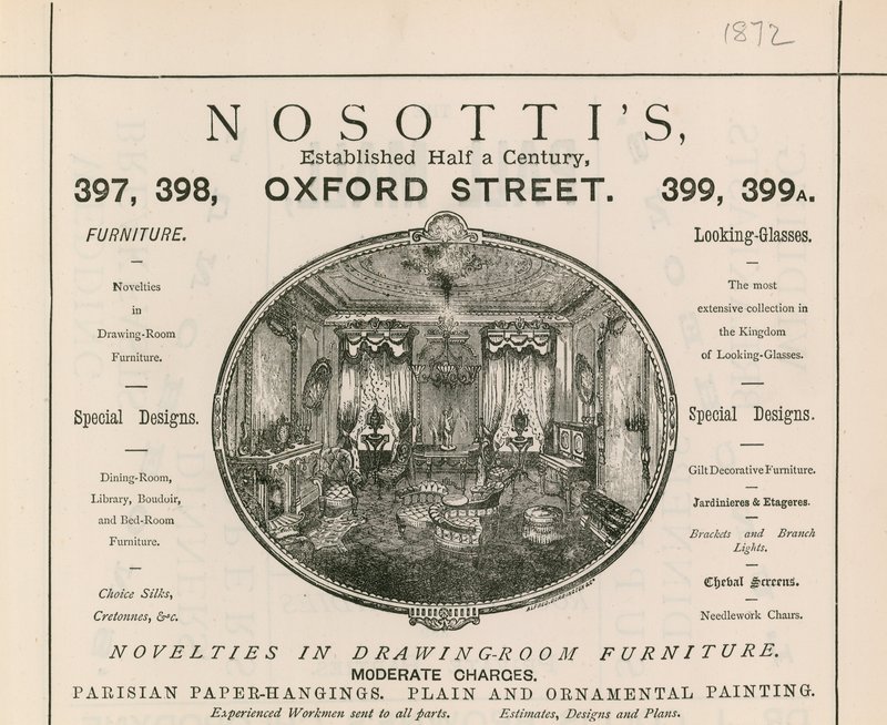 Annonce for Nosottis møbelbutik, 397-399 Oxford Street af English School