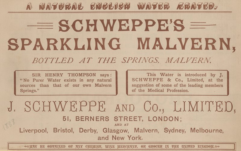 Annonce for Schweppes Sparkling Malvern, aftappet ved kilderne, Malvern af English School
