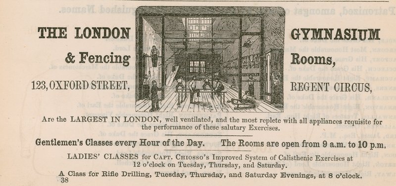 Annonce for London Gymnasium & Fencing Rooms, 123 Oxford Street, Regent Circus af English School