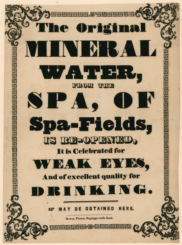 Annonce for det originale mineralvand fra Spa of Spa-Fields af English School