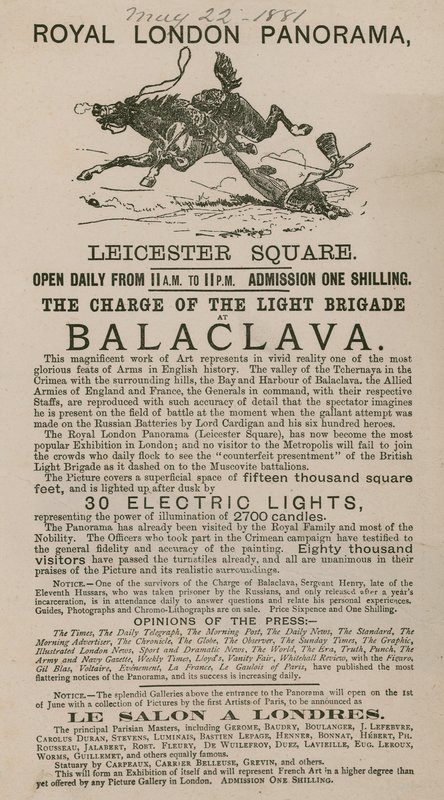 Annonce for The Royal London Panorama med Charge of the Light Brigade ved Balaclava af English School