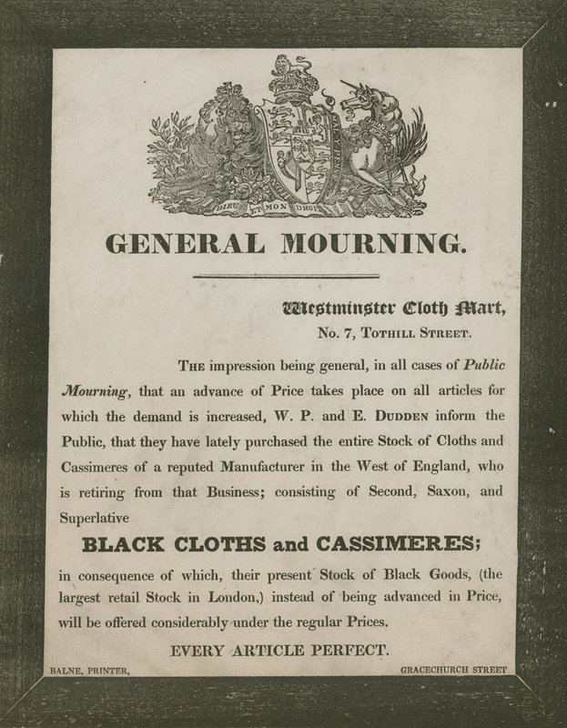 Annonce for W P og E Dudden, Westminster Cloth Mart, 7 Tothill Street af English School