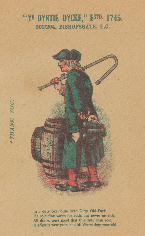 Annonce for Ye Dyrtie Dycke (Dirty Dick), 202-204 Bishopsgate, London af English School