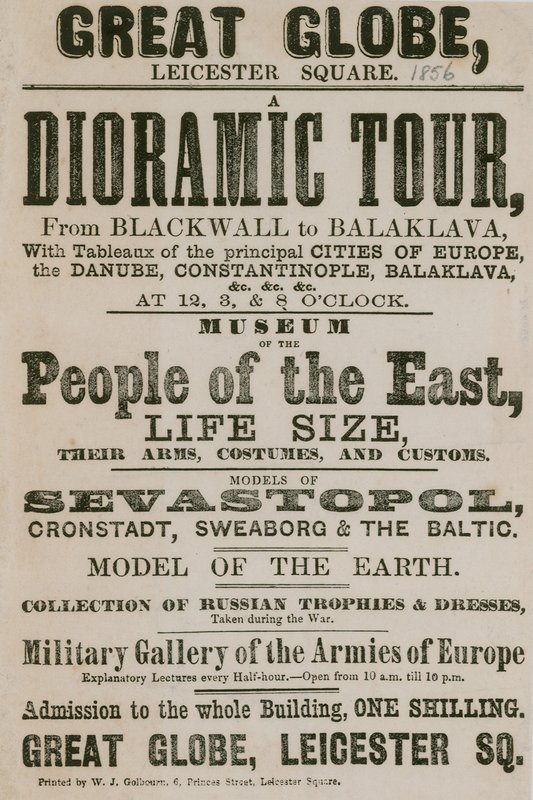 Annoncer for en dioramisk tur fra Blackwall til Balaklava med tableauer af de vigtigste byer i Europa af English School