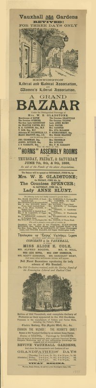 Annoncer for en Grand Bazaar i Vauxhall Gardens af English School