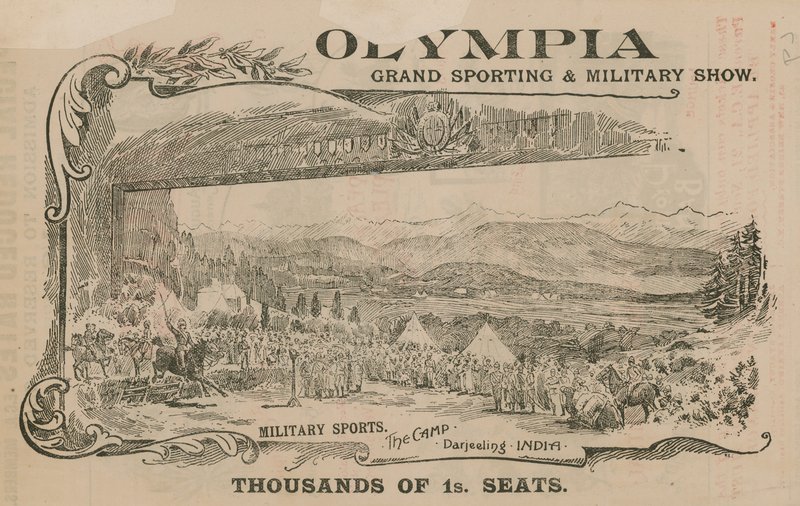 Annoncer for et stort sports- og militærshow i Olympia, London af English School