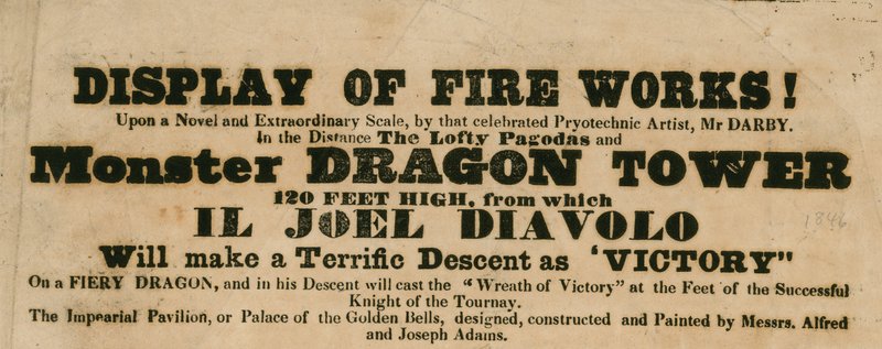 Annonce for en fremvisning af fyrværkeri, Vauxhall Gardens, London af English School