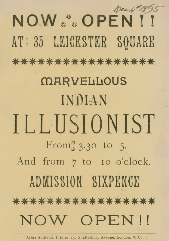 Annonce for en indisk illusionist, der optræder på 35 Leicester Square, London af English School