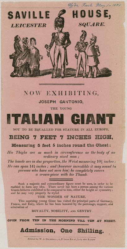 Annonce for en optræden af Joseph Gantonio, den unge italienske kæmpe af English School