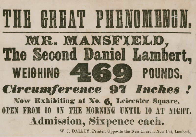 Annonce for en optræden af Mr. Mansfield, en anden Daniel Lambert, der vejer 469 pund af English School