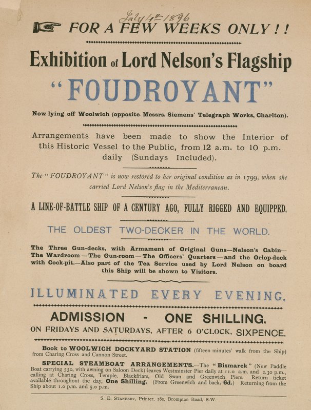 Annonce for en udstilling af Lord Nelsons flagskib Foudroyant af English School