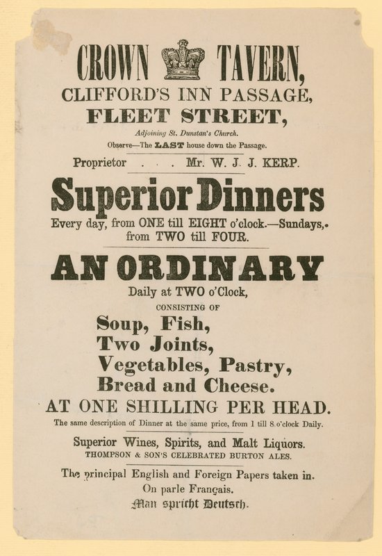 Annonce for Crown Tavern, Cliffords Inn Passage, Fleet Street, London af English School