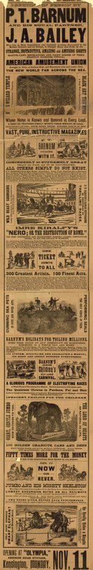 Annonce for udseendet af P T Barnum og JA Baileys show på Olympia af English School