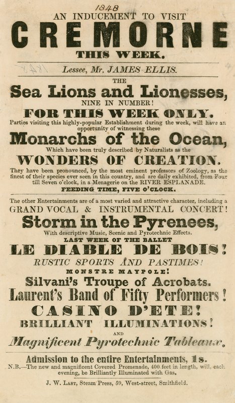 Annonce for udseendet af søløver og løvinder i Cremorne Gardens, London i 1848 af English School